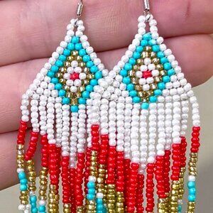4 1/4"L Hand Beaded Tassel Earrings Red White Blue Gold Southwestern Flair